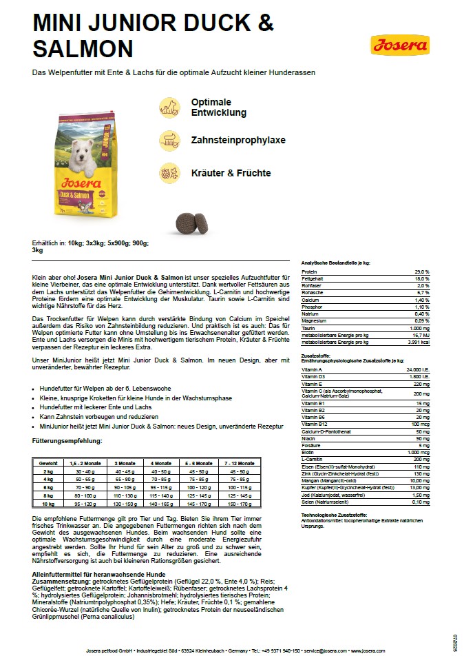 Josera MiniJunior Duck & Salmon, 900g