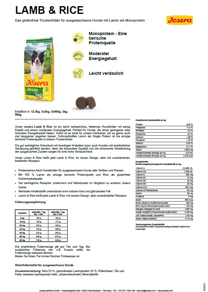 Josera Lamb & Rice(vorher Lamm & Reis) 12,5kg