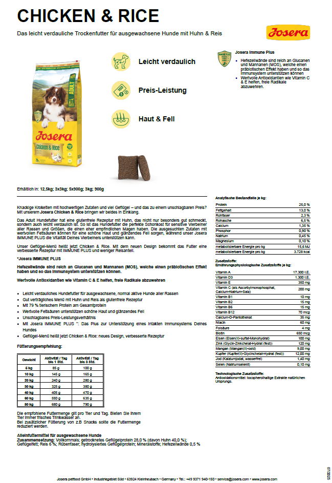 Josera Chicken & Rice (vorher Geflügelmenü), 900g