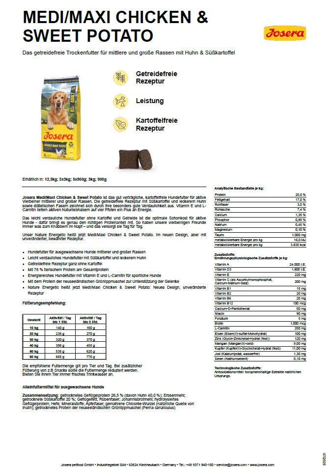 Josera Medi/Maxi Chicken & Sweet Potatoe (vorher Nature Energetic) 12,5 kg